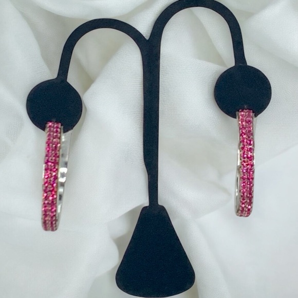 Hoop Earrings Large Fuchsia Pink & Silver Crystal Rhinestone Hoop Earrings - Picture 2 of 5